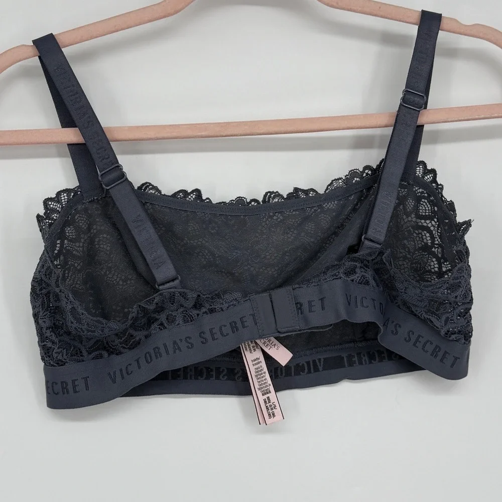 Victorias Secret Logo Band Lace Bralette Dark Grey‎ Floral Scalloped Large L/G